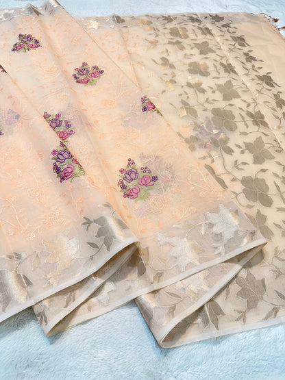 Peach Cotton Kota Designer Embroidery Premium Banarasi Saree