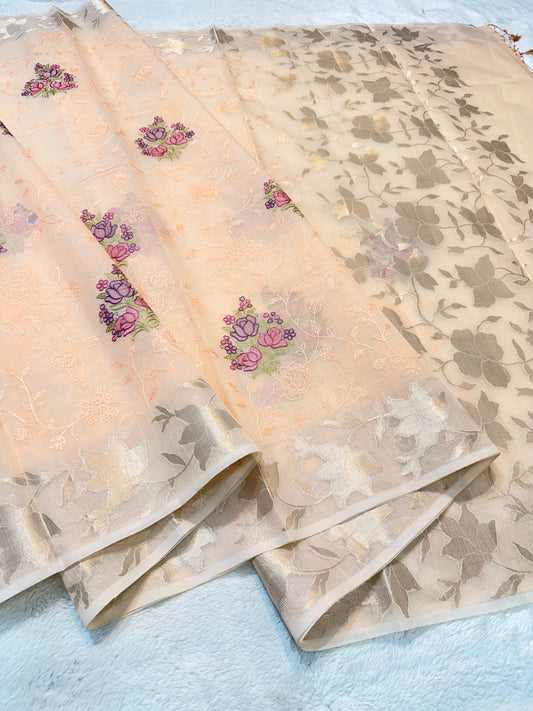 Peach Cotton Kota Designer Embroidery Premium Banarasi Saree