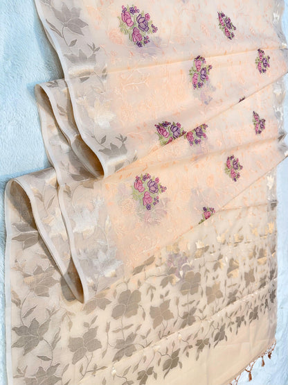 Peach Cotton Kota Designer Embroidery Premium Banarasi Saree