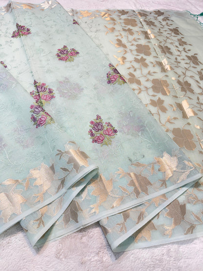 Ocean Green Cotton Kota Designer Embroidery Premium Banarasi Saree