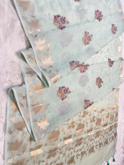 Ocean Green Cotton Kota Designer Embroidery Premium Banarasi Saree