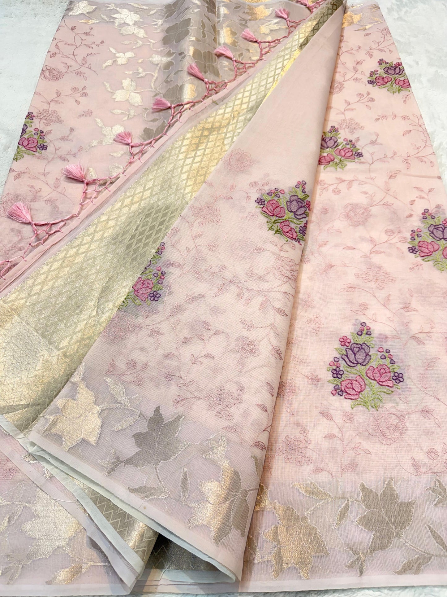 Pink Cotton Kota Designer Embroidery Premium Banarasi Saree