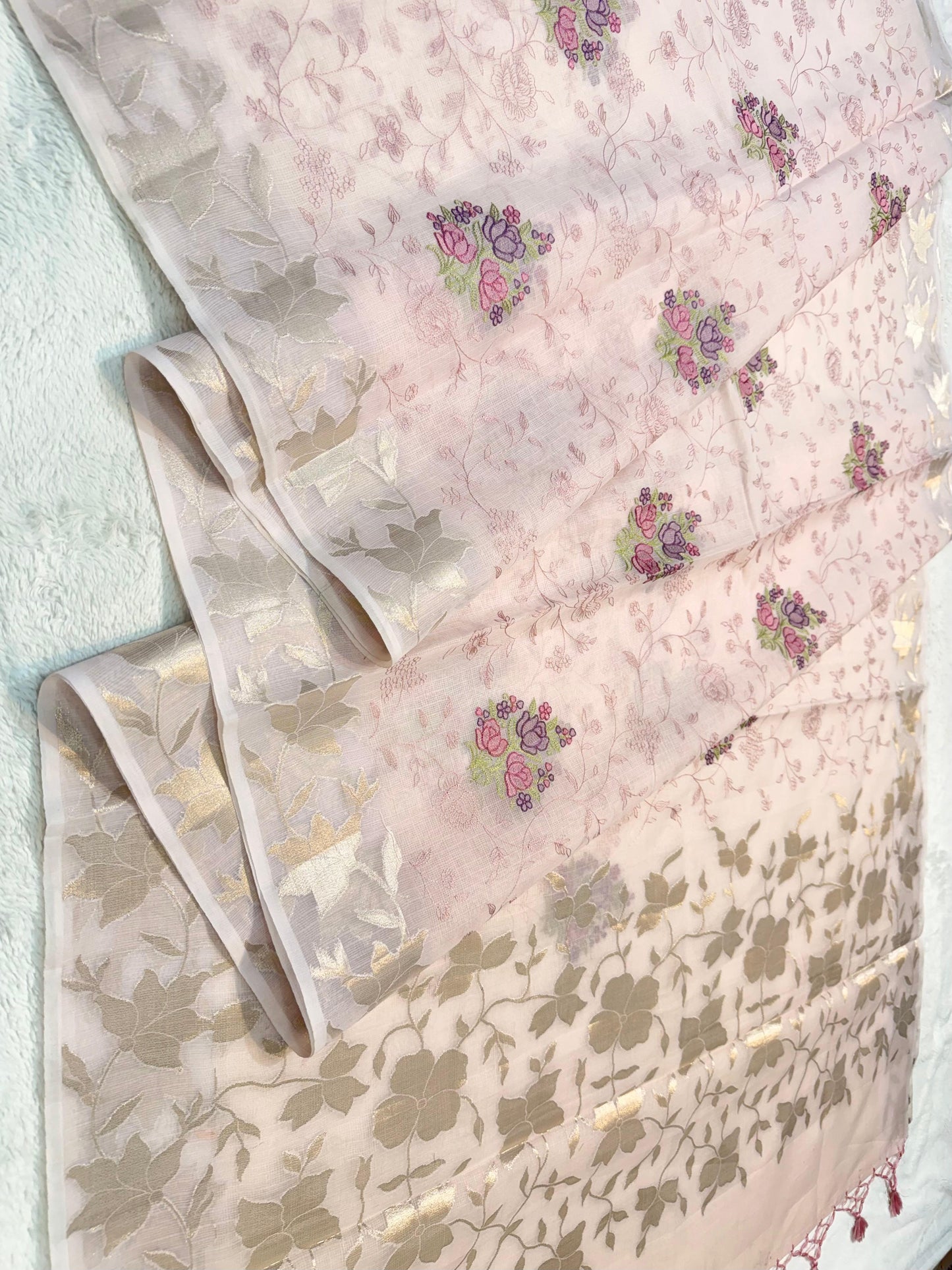 Pink Cotton Kota Designer Embroidery Premium Banarasi Saree