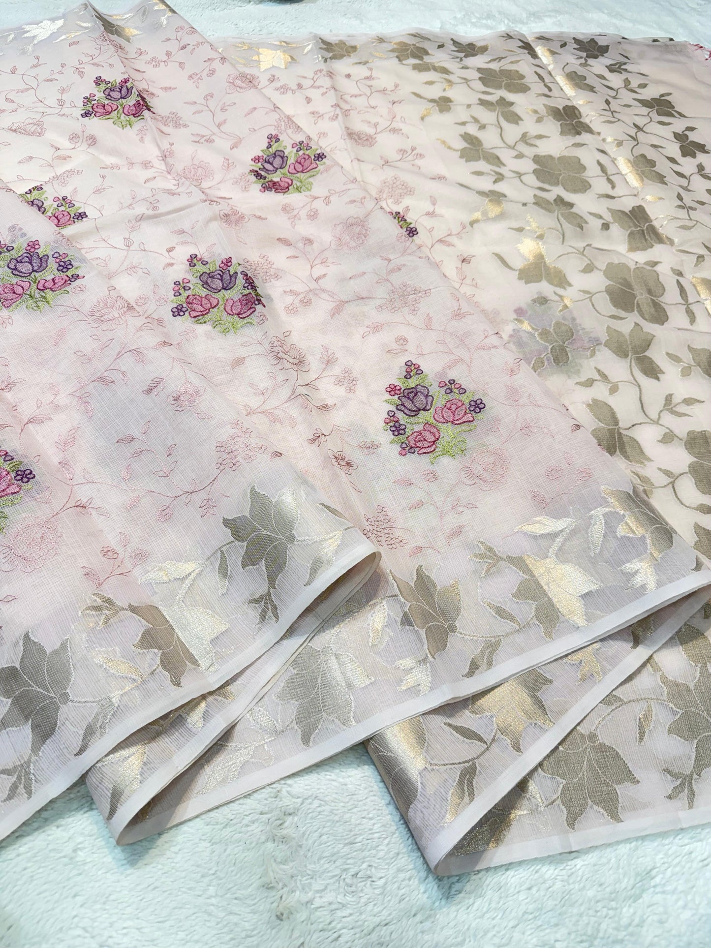 Pink Cotton Kota Designer Embroidery Premium Banarasi Saree