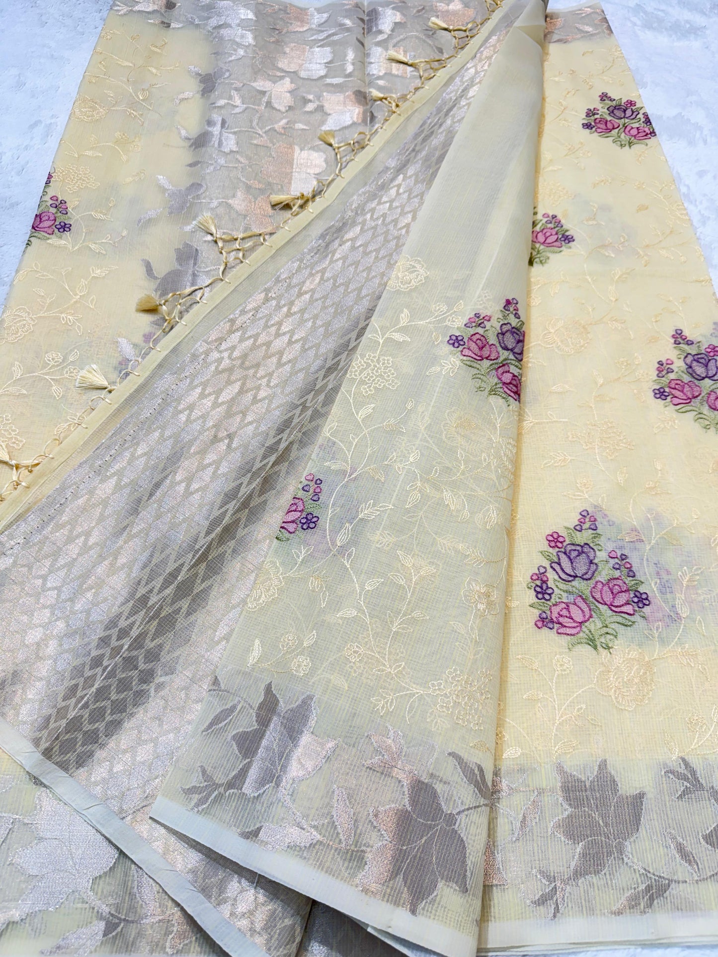 Gold Cotton Kota Designer Embroidery Premium Banarasi Saree