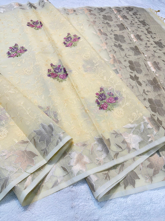 Gold Cotton Kota Designer Embroidery Premium Banarasi Saree