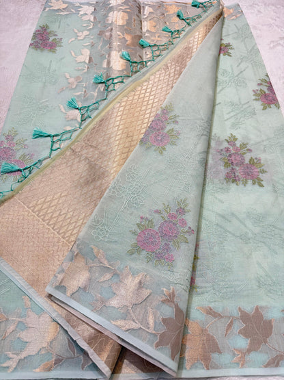 Ocean Green Cotton Kota Designer Embroidery Premium Banarasi Saree