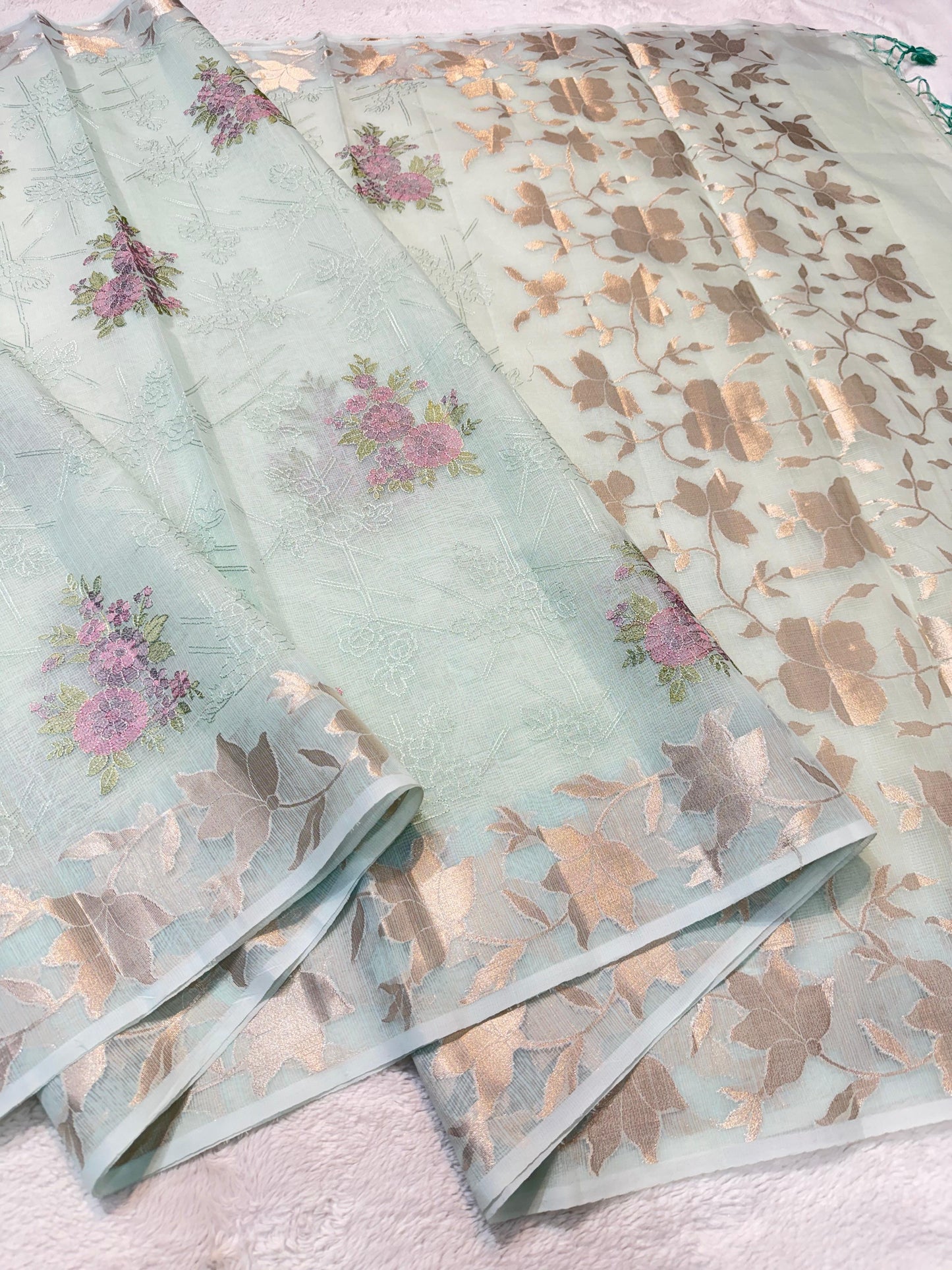 Ocean Green Cotton Kota Designer Embroidery Premium Banarasi Saree