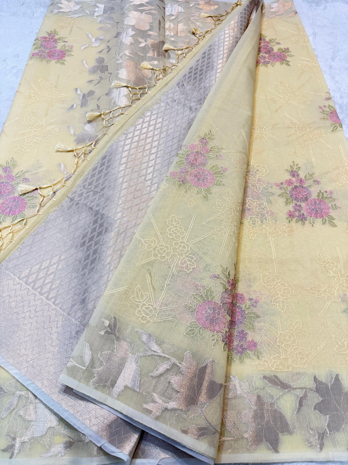 Gold Cotton Kota Designer Embroidery Premium Banarasi Saree