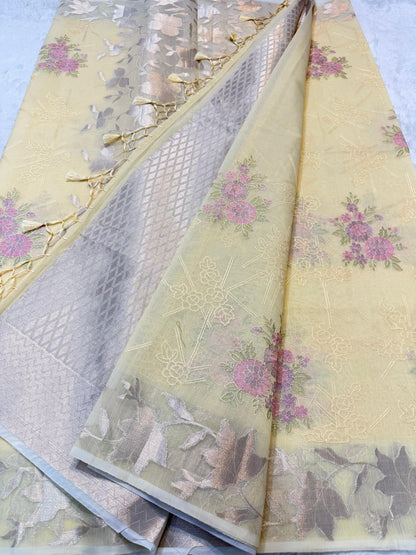 Gold Cotton Kota Designer Embroidery Premium Banarasi Saree