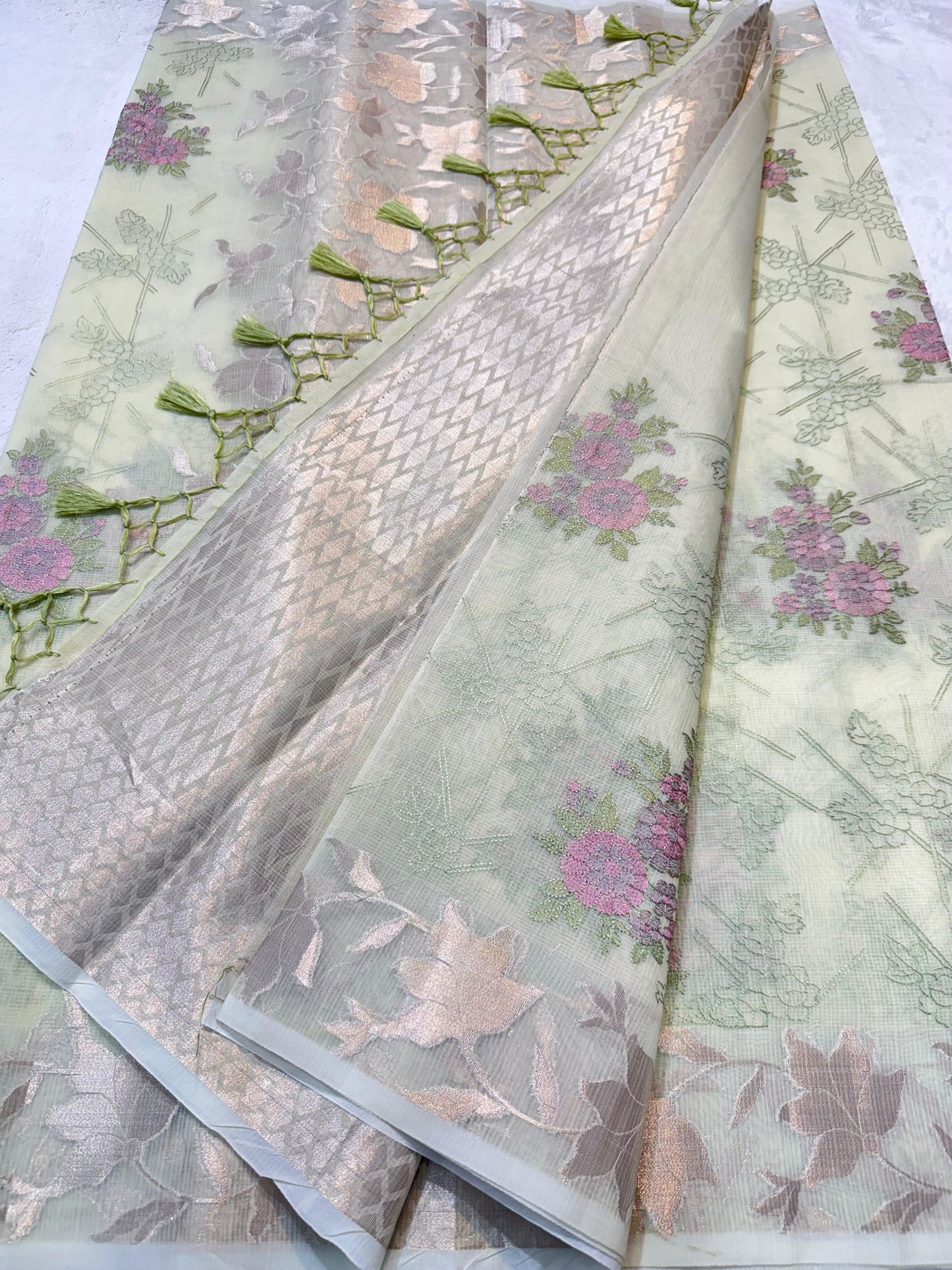 Pista Green Cotton Kota Designer Embroidery Premium Banarasi Saree