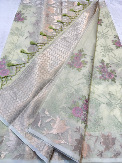 Pista Green Cotton Kota Designer Embroidery Premium Banarasi Saree