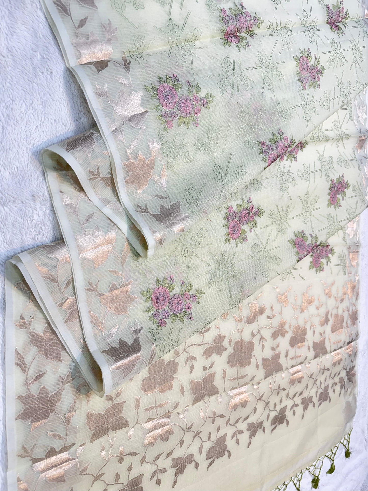 Pista Green Cotton Kota Designer Embroidery Premium Banarasi Saree