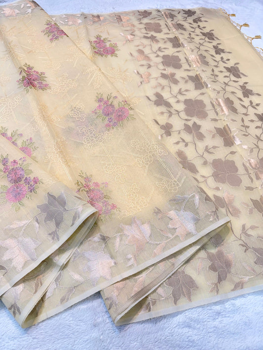 Gold Cotton Kota Designer Embroidery Premium Banarasi Saree
