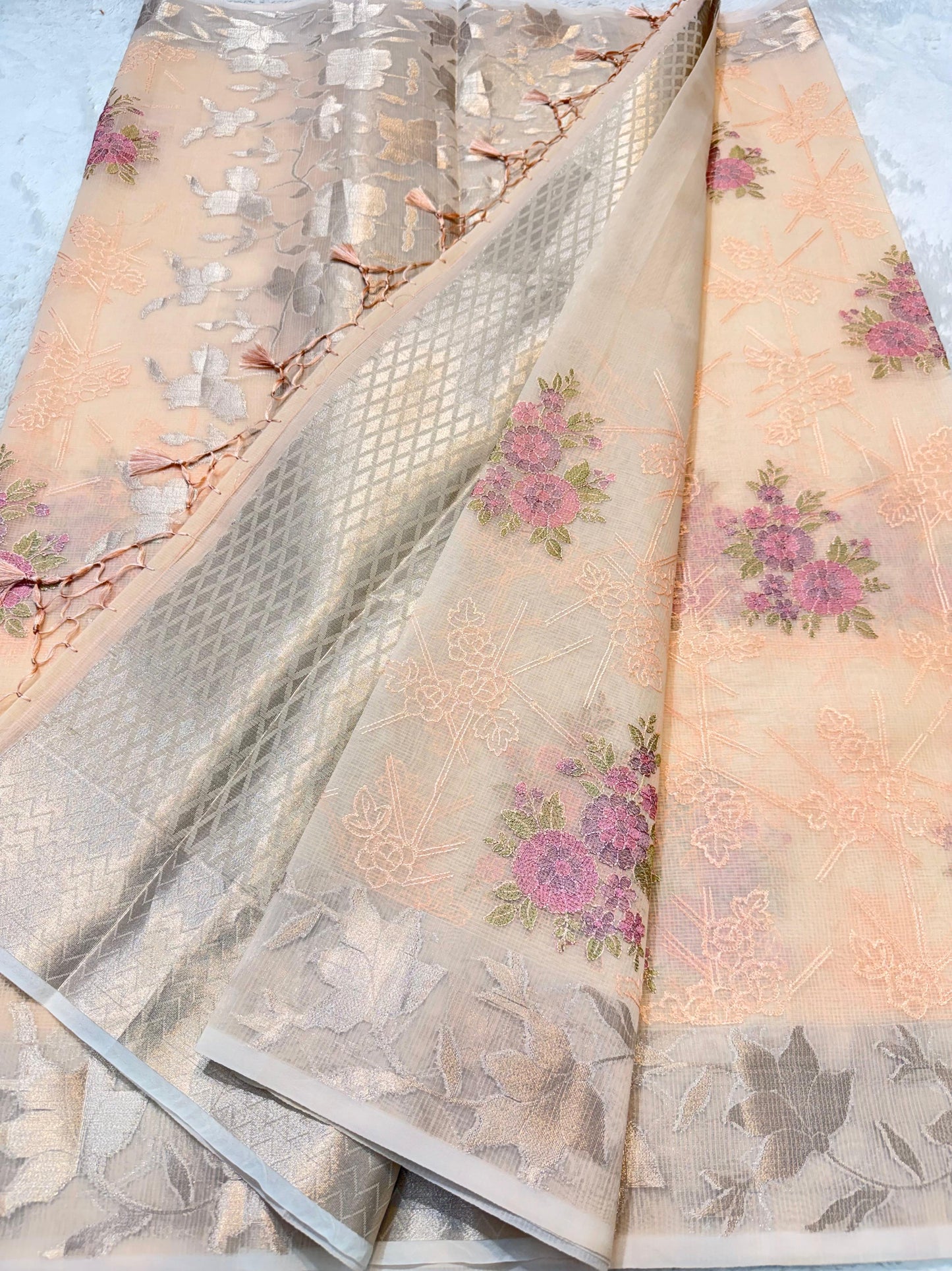 Peach Cotton Kota Designer Embroidery Premium Banarasi Saree