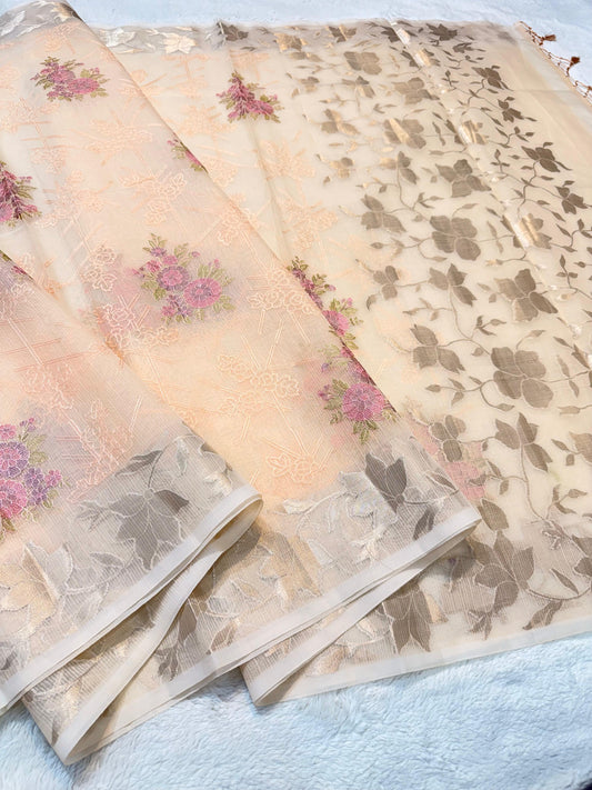 Peach Cotton Kota Designer Embroidery Premium Banarasi Saree