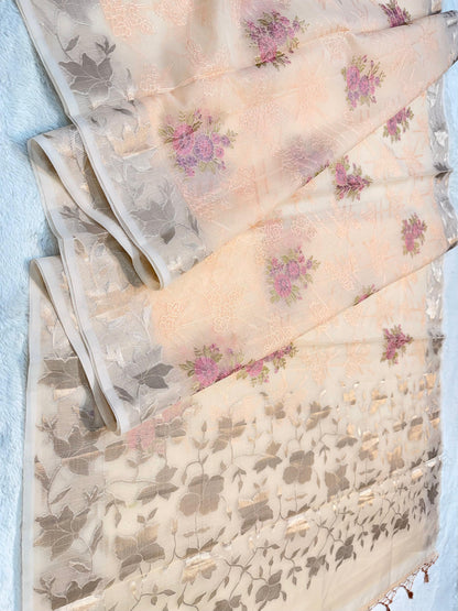 Peach Cotton Kota Designer Embroidery Premium Banarasi Saree