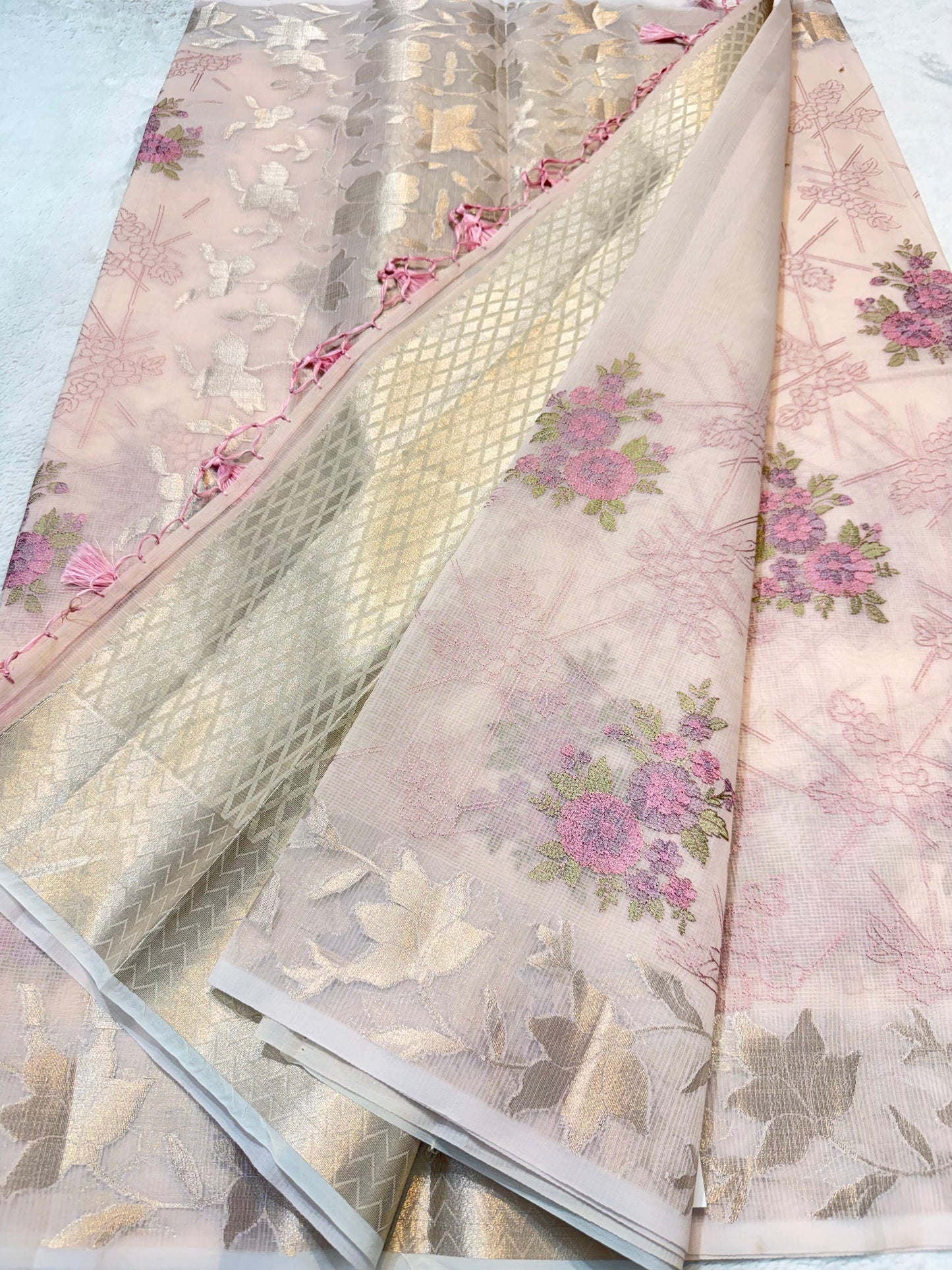 Pink Cotton Kota Designer Embroidery Premium Banarasi Saree