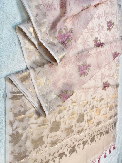 Pink Cotton Kota Designer Embroidery Premium Banarasi Saree
