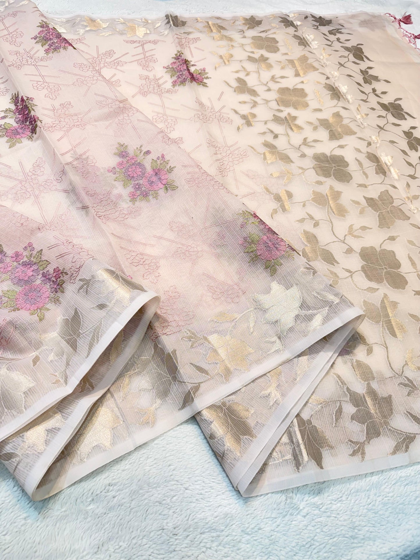 Pink Cotton Kota Designer Embroidery Premium Banarasi Saree