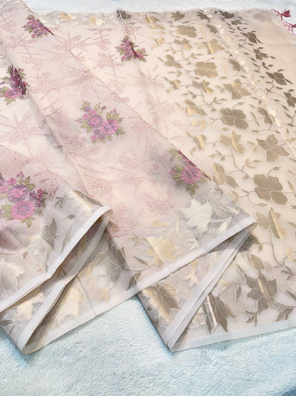 Pink Cotton Kota Designer Embroidery Premium Banarasi Saree