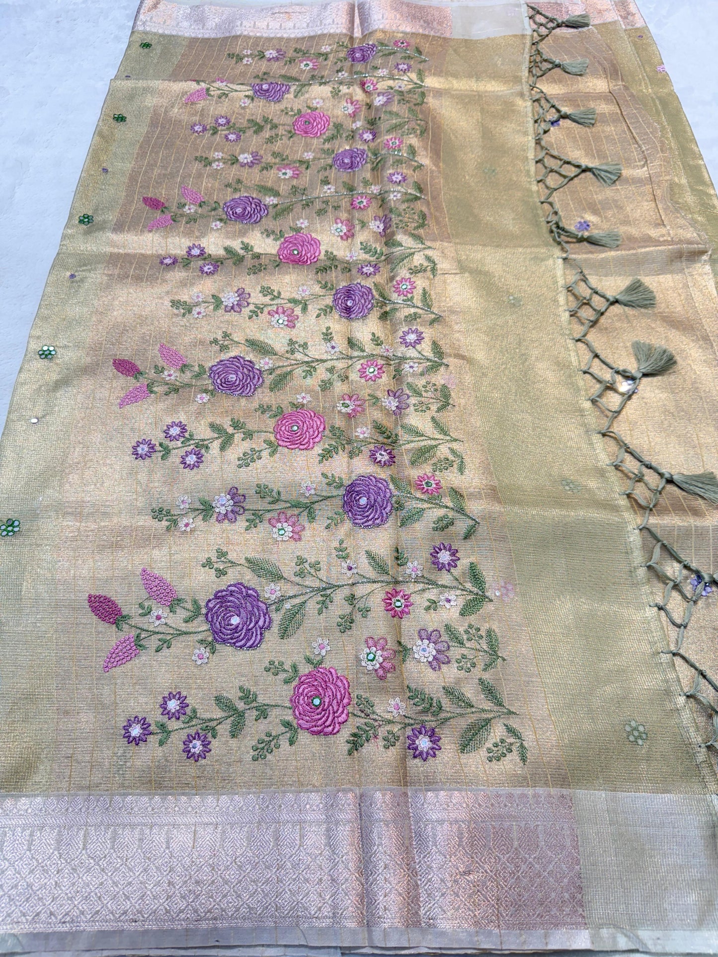 Pista Green Tissue Kota Embroidery Handwork Banarasi Saree