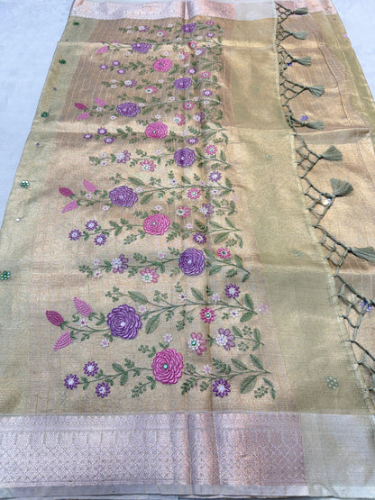 Pista Green Tissue Kota Embroidery Handwork Banarasi Saree