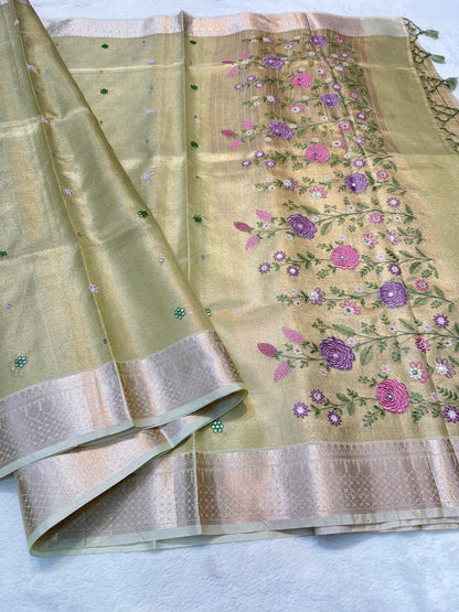 Pista Green Tissue Kota Embroidery Handwork Banarasi Saree