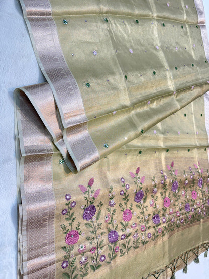 Pista Green Tissue Kota Embroidery Handwork Banarasi Saree