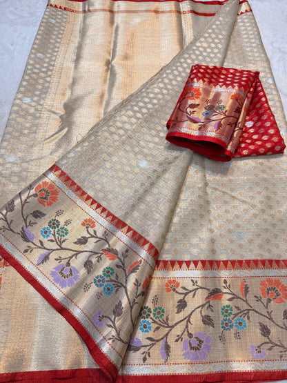 Pista Green Tissue Kota Paithani Border Premium Banarasi Saree