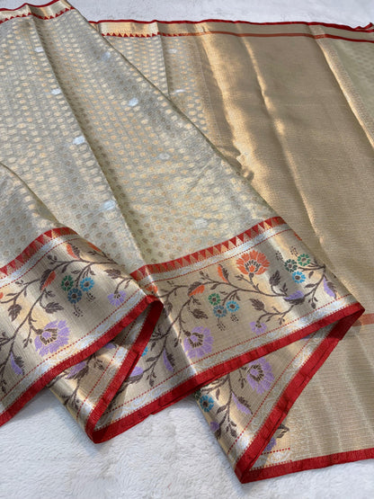 Pista Green Tissue Kota Paithani Border Premium Banarasi Saree