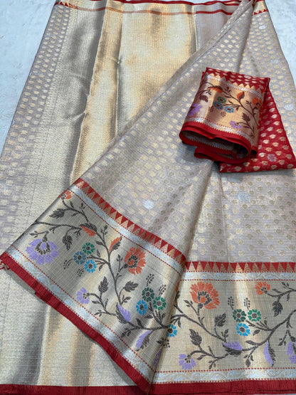 Peach Tissue Kota Paithani Border Premium Banarasi Saree