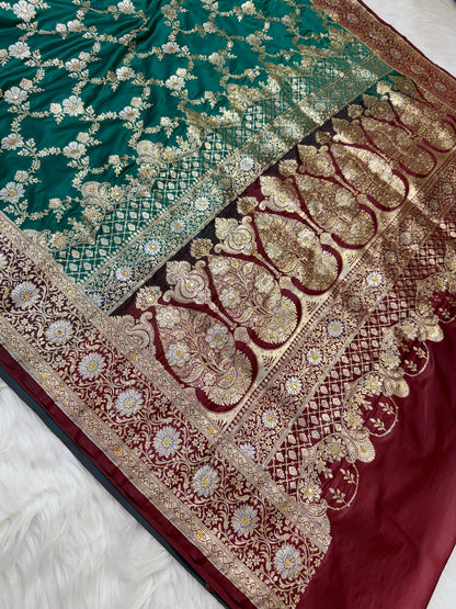 Teal Green Satan Katan Handwork Premium Banarasi Silk Saree