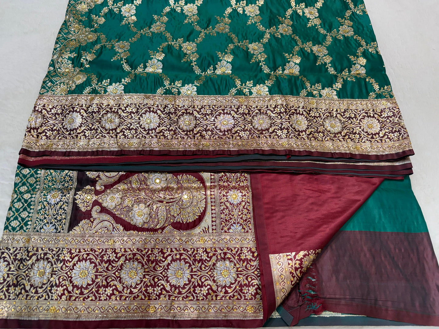 Teal Green Satan Katan Handwork Premium Banarasi Silk Saree