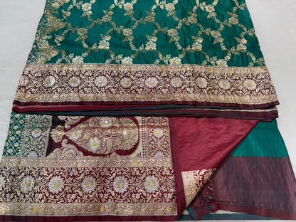 Teal Green Satan Katan Handwork Premium Banarasi Silk Saree