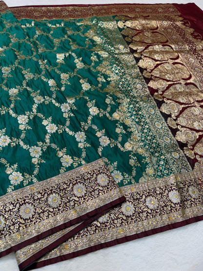 Teal Green Satan Katan Handwork Premium Banarasi Silk Saree