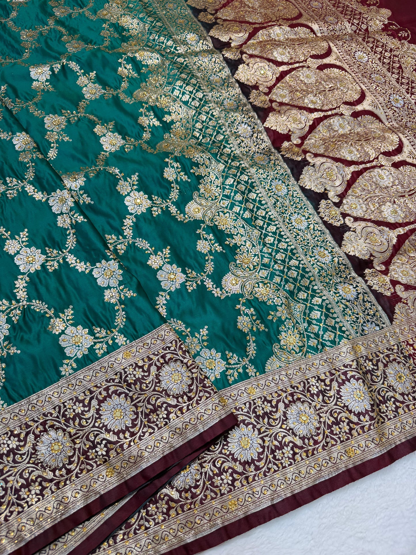 Teal Green Satan Katan Handwork Premium Banarasi Silk Saree