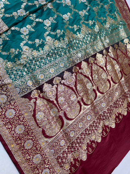 Teal Green Satan Katan Handwork Premium Banarasi Silk Saree