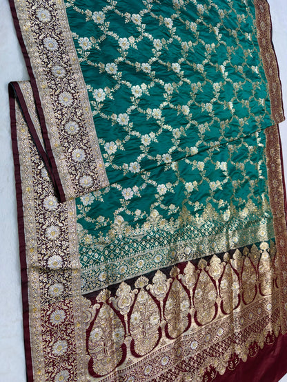 Teal Green Satan Katan Handwork Premium Banarasi Silk Saree