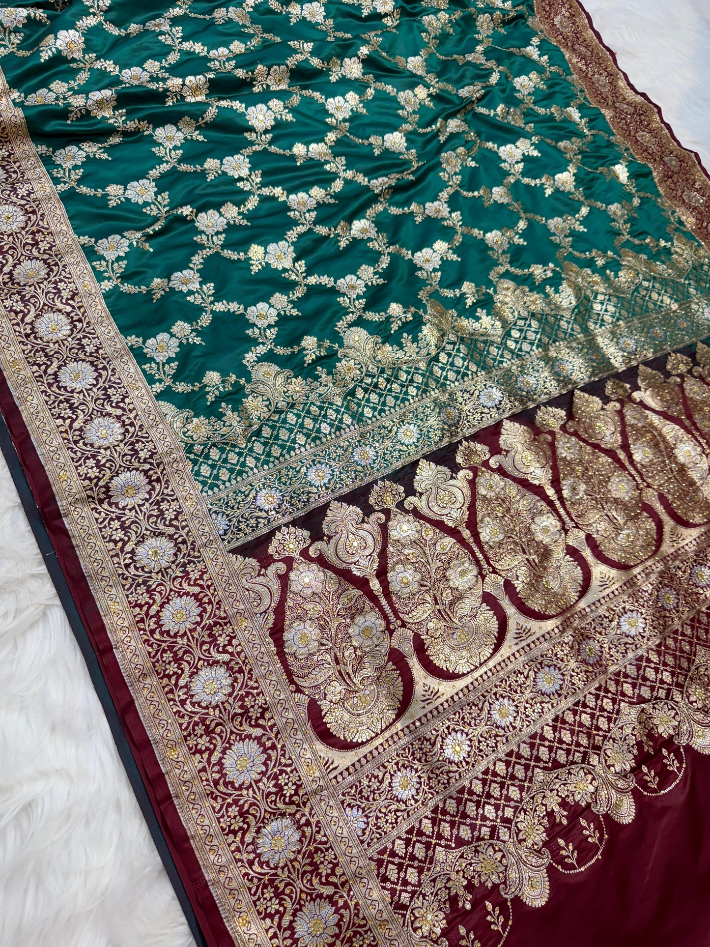Teal Green Satan Katan Handwork Premium Banarasi Silk Saree