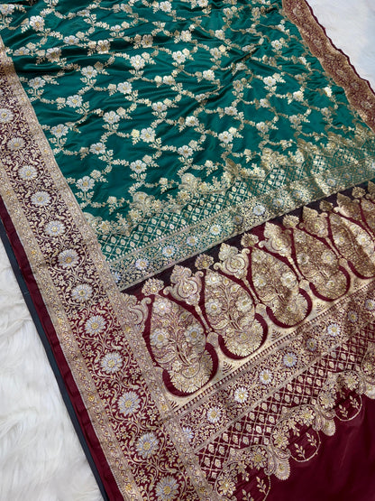Teal Green Satan Katan Handwork Premium Banarasi Silk Saree