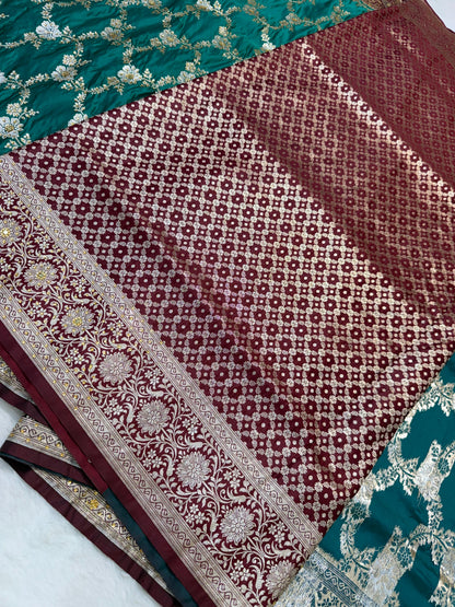 Teal Green Satan Katan Handwork Premium Banarasi Silk Saree