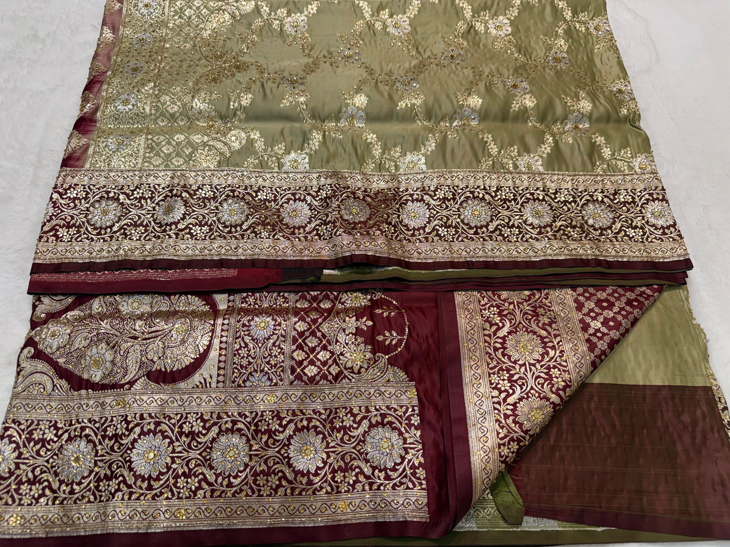 Beige Satan Katan Handwork Premium Banarasi Silk Saree