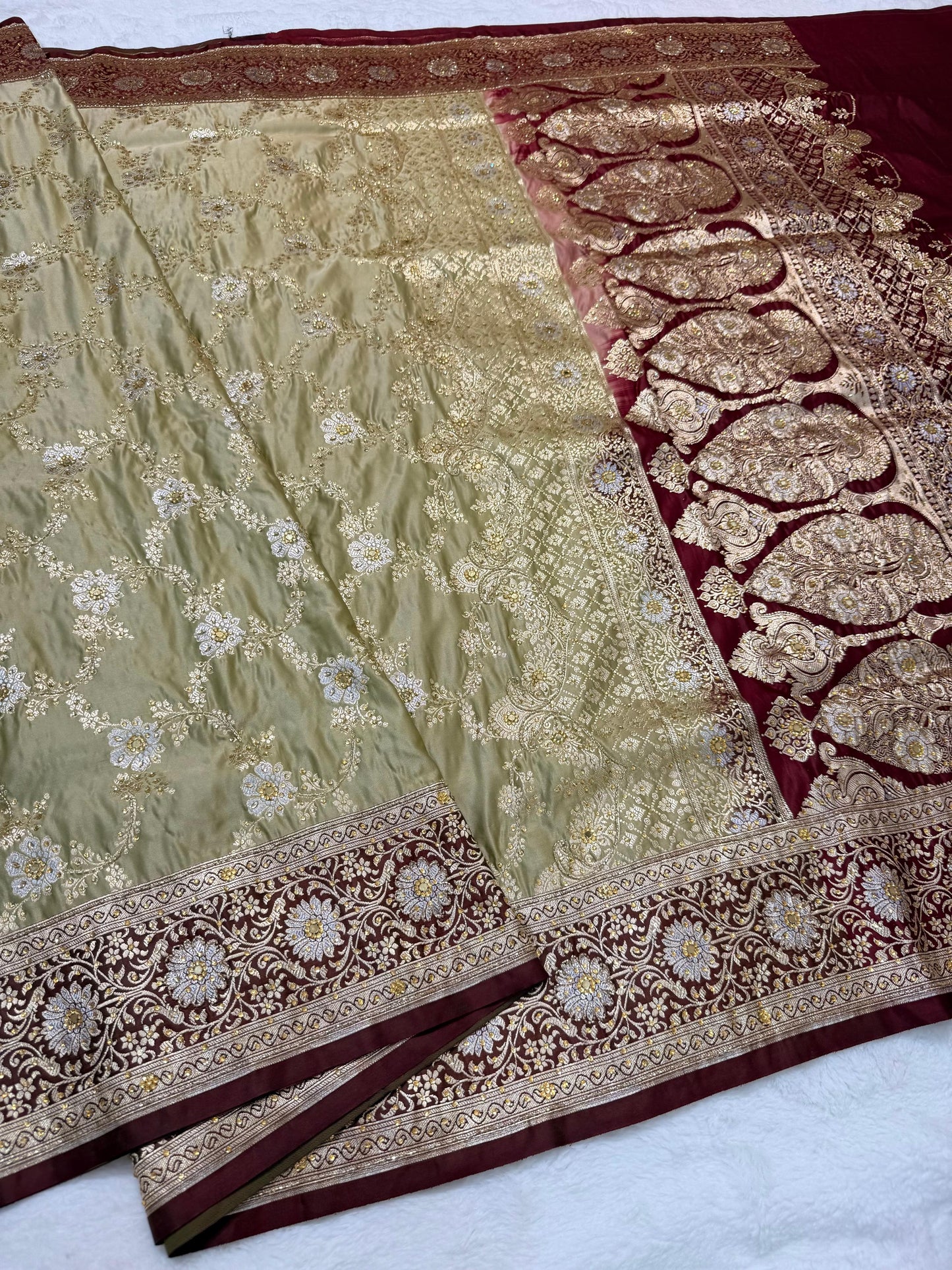 Beige Satan Katan Handwork Premium Banarasi Silk Saree
