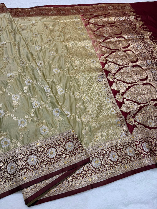 Beige Satan Katan Handwork Premium Banarasi Silk Saree