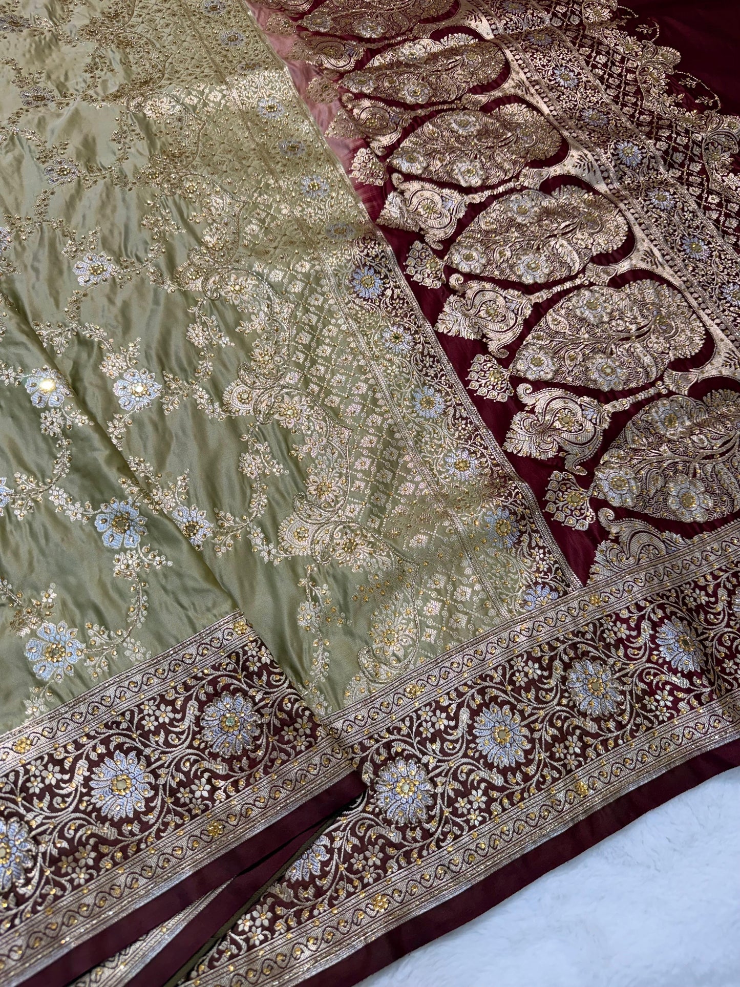 Beige Satan Katan Handwork Premium Banarasi Silk Saree