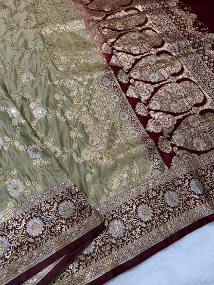 Beige Satan Katan Handwork Premium Banarasi Silk Saree