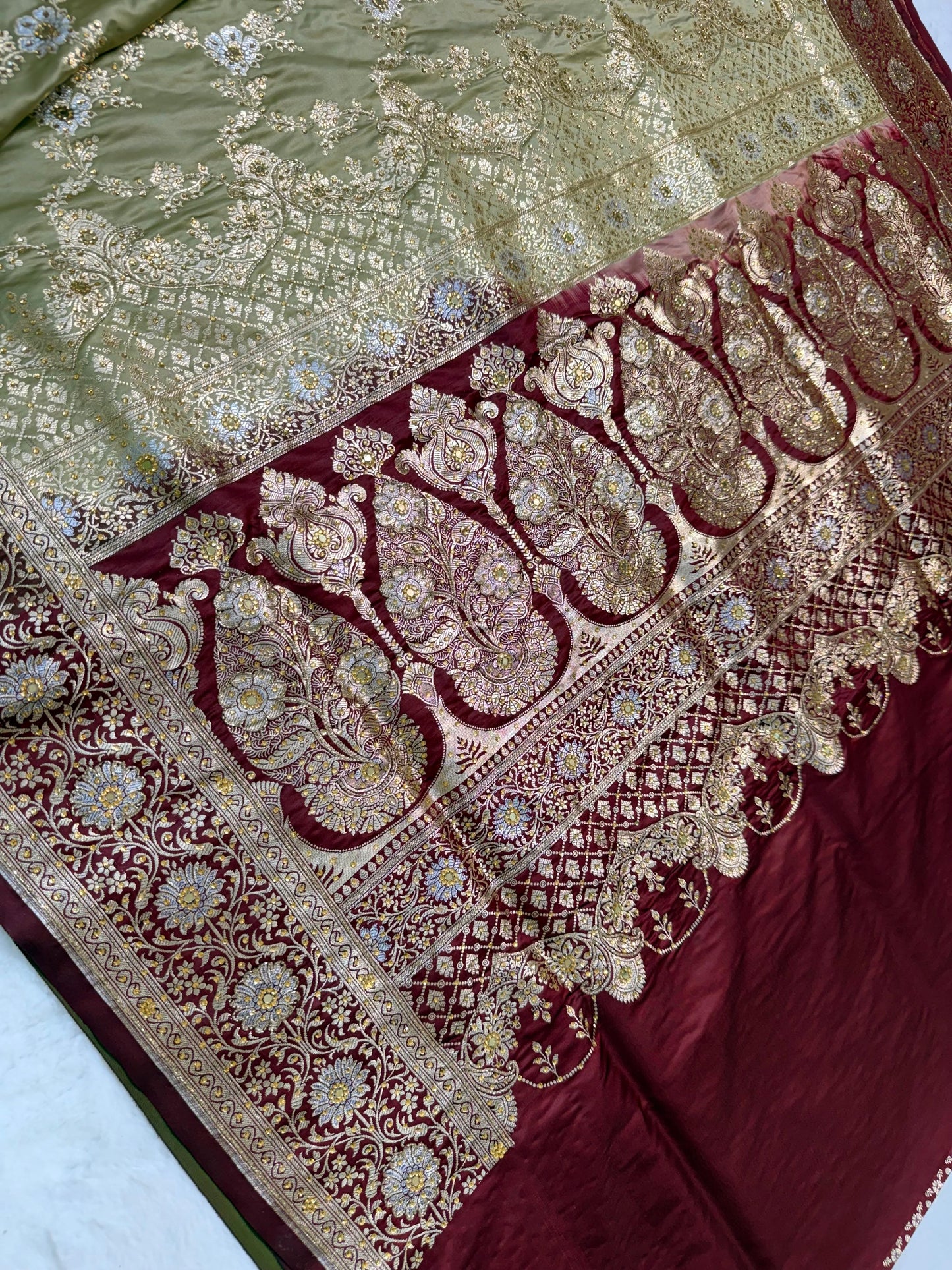 Beige Satan Katan Handwork Premium Banarasi Silk Saree