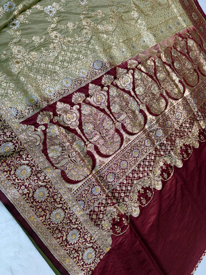 Beige Satan Katan Handwork Premium Banarasi Silk Saree