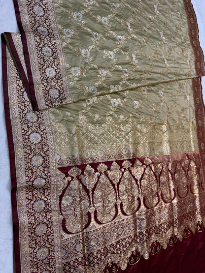 Beige Satan Katan Handwork Premium Banarasi Silk Saree